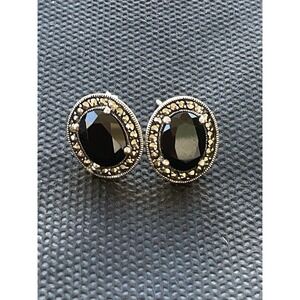 925 SHA Black Onyx & Marcasite Oval Earrings Vintage Estate Jewelry